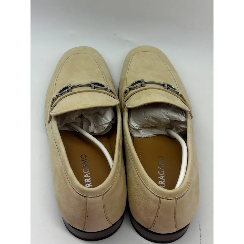 Ferragamo Balty Ecru Nabuck Calf Leather Gancini Bit Loafers Mens 8.5 E 0792748